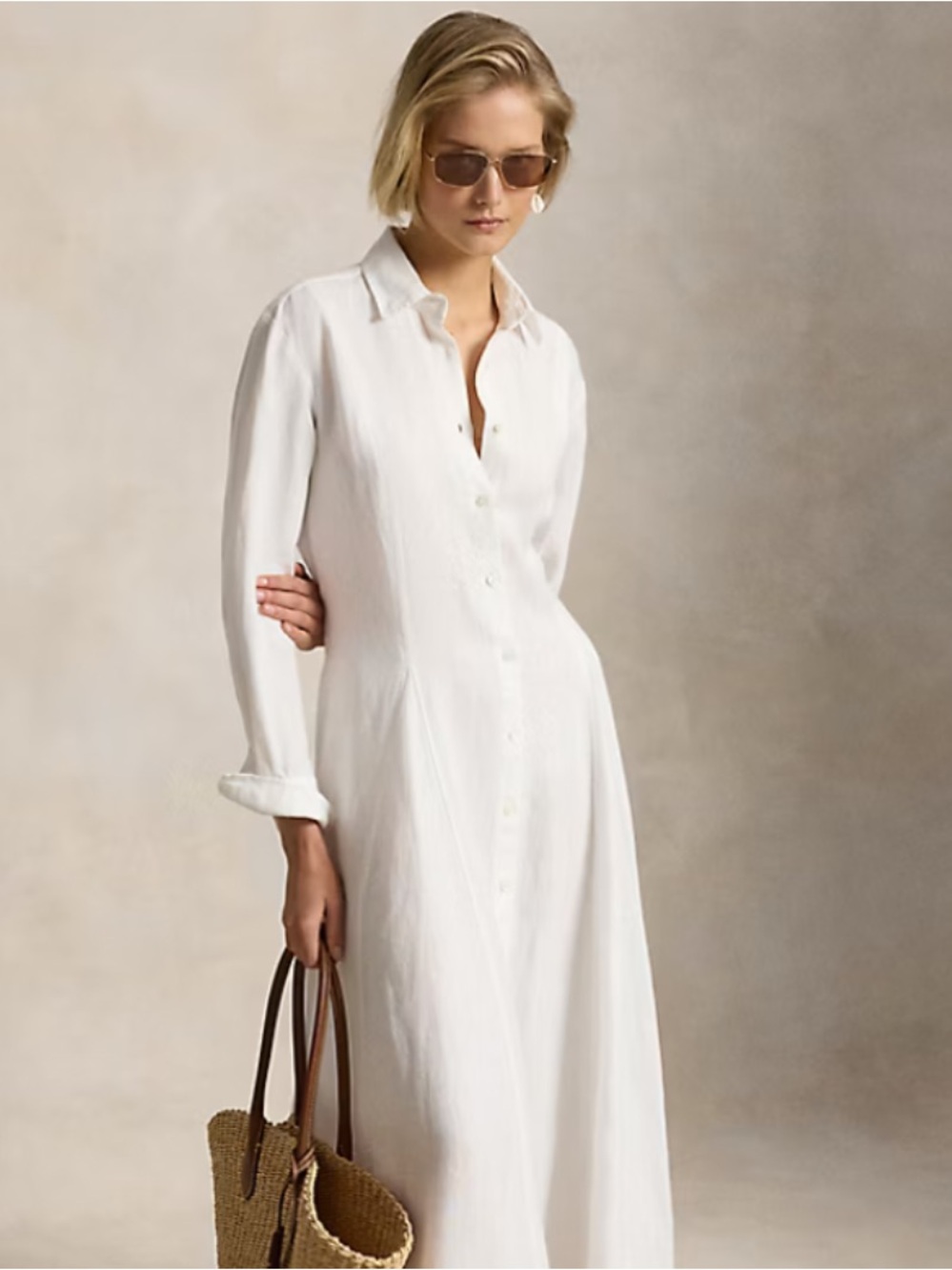 White Cotton Button-Front Shirt Dress